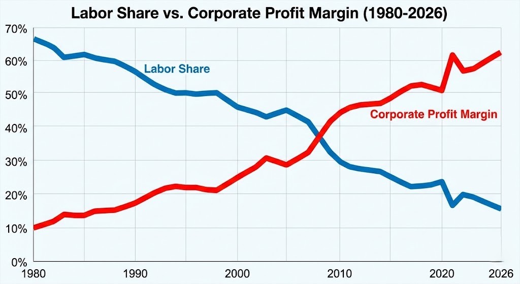감소하는 노동 소득과 증가하는 자본 수익 추이 그래프
