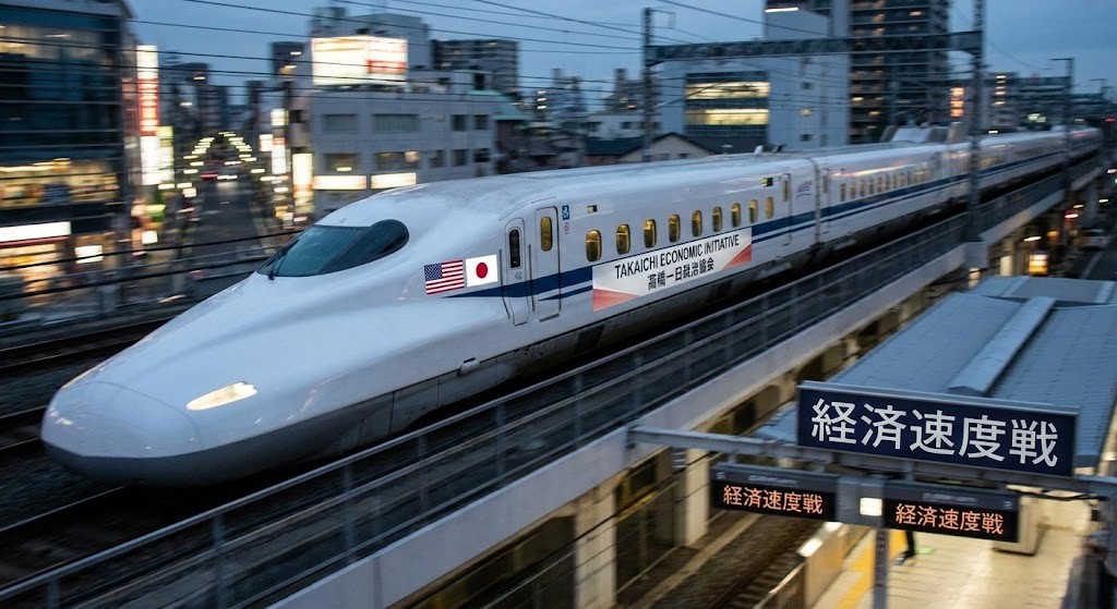 미국과 일본의 국기가 그려진 고속열차가 질주하는 모습, 다카이치 사나에 정권의 경제 속도전 상징