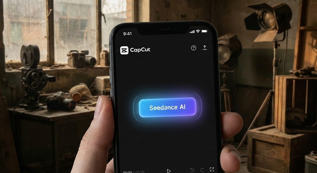 Seedance AI 기능이 탑재된 캡컷 앱 실행 화면과 흐릿해진 할리우드 촬영장 배경