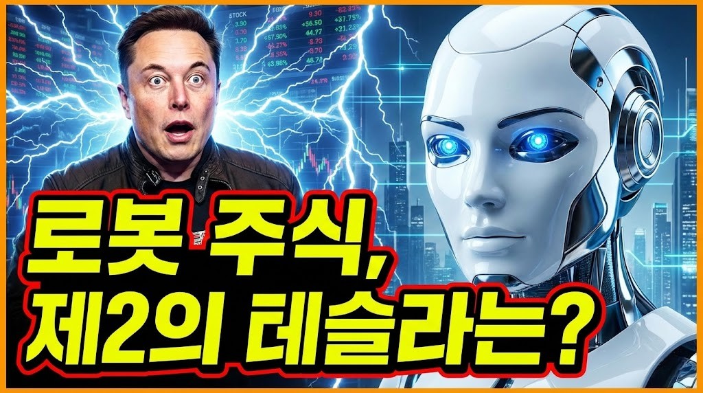 휴머노이드 로봇 시장 전망과 제2의 테슬라 투자 기회를 분석하는 일론 머스크 유튜브 스타일 썸네일 이미지