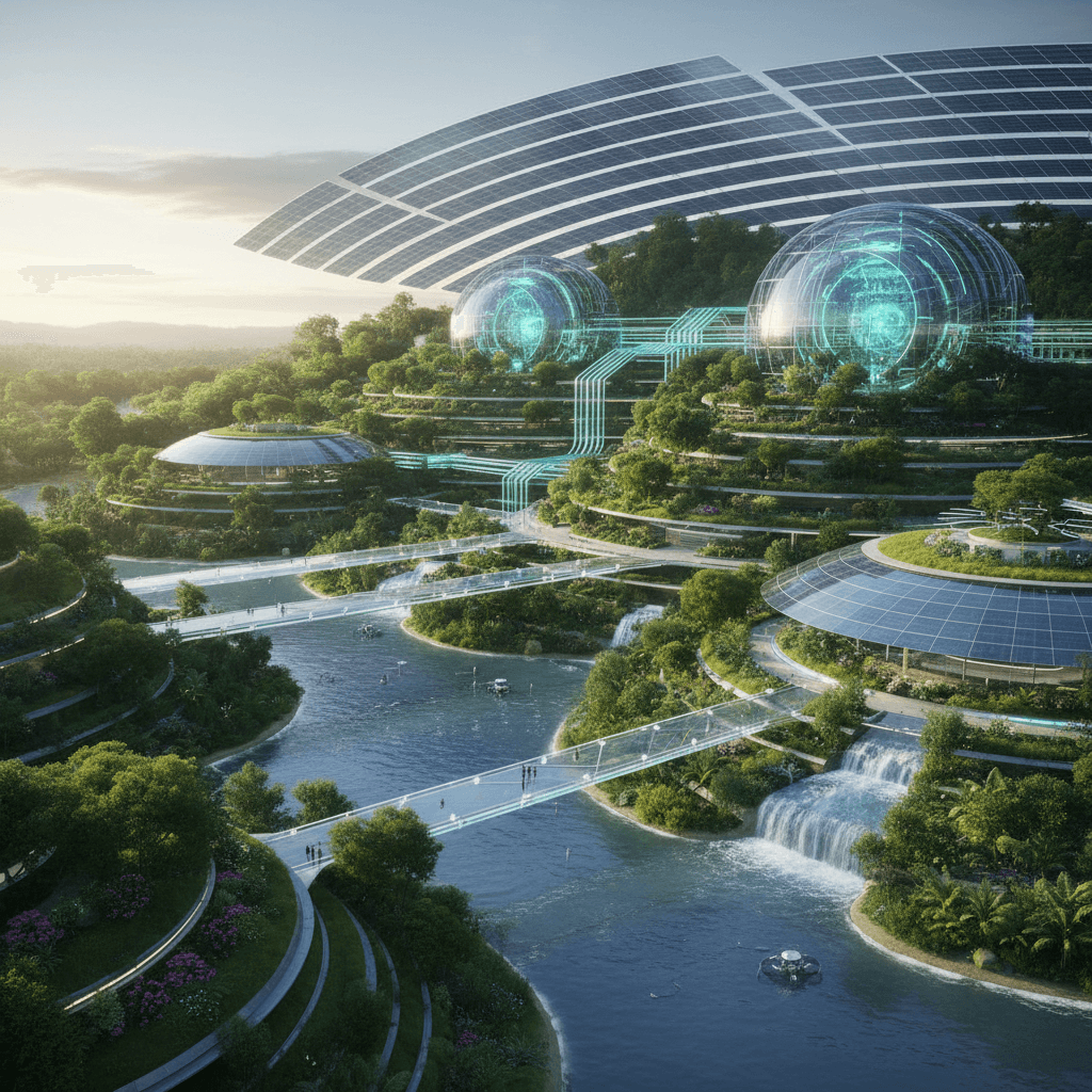 친환경 에너지로 운영되는 미래형 AI 데이터 센터 조감도