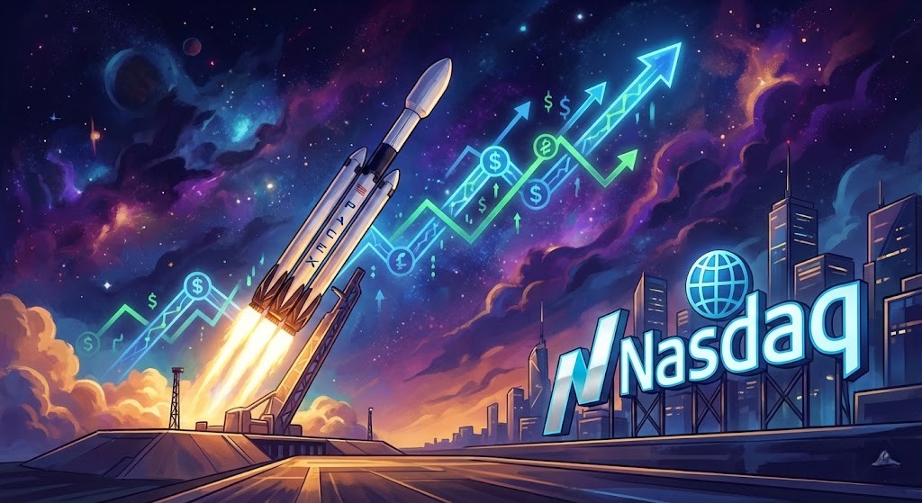스페이스X 상장 후 주가 상승과 나스닥 지수 편입을 표현한 일러스트
