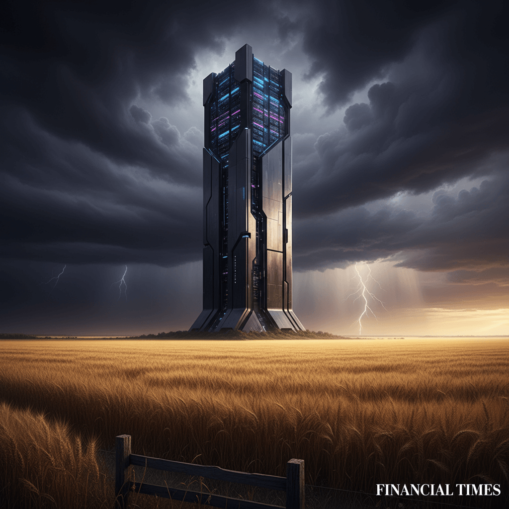 시골 농장 지대 한가운데 들어선 거대한 AI 데이터 센터와 몰려오는 먹구름