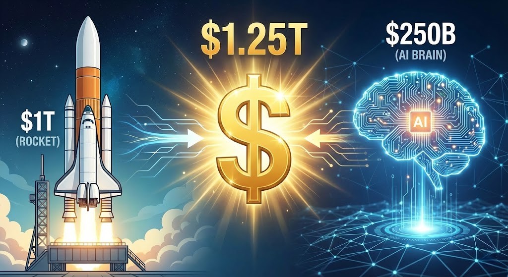 1조 달러 로켓 사진과 2,500억 달러 AI 사진이 합쳐져서 1조 2,500억 달러가 되는 사진