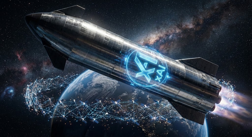 xAI 가 적힌 로켓이 우주를 항해하고 있는 사진