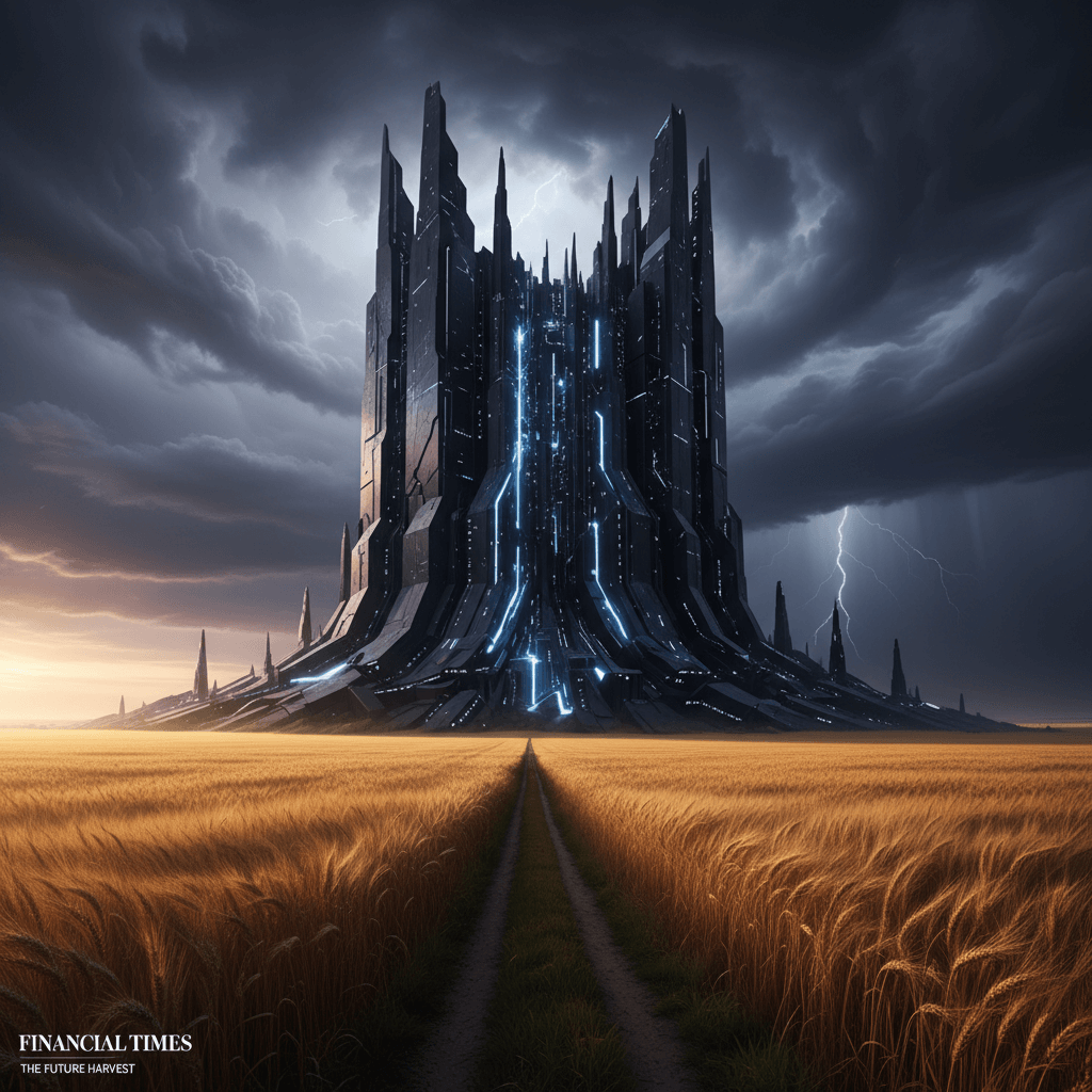 시골 농장 지대 한가운데 들어선 거대한 AI 데이터 센터와 몰려오는 먹구름