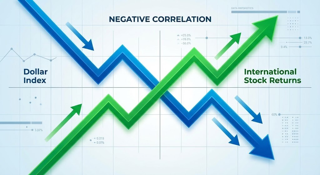 떨어 지는 달러 인덱스 차트와 올라가는 국제 주식 이익 차트