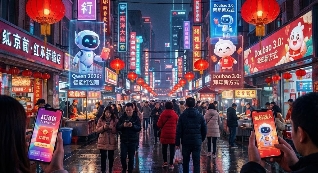 2026년 상하이 거리에서 스마트폰으로 중국 AI 챗봇 앱의 경품 이벤트를 확인하는 사람들, 알리바바와 바이트댄스의 치열한 마케팅 전쟁을 묘사한 이미지