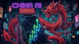2026년 중국 AI 관련주 급등을 암시하는 사이버펑크 스타일의 스마트폰 주식 차트와 붉은 용 일러스트