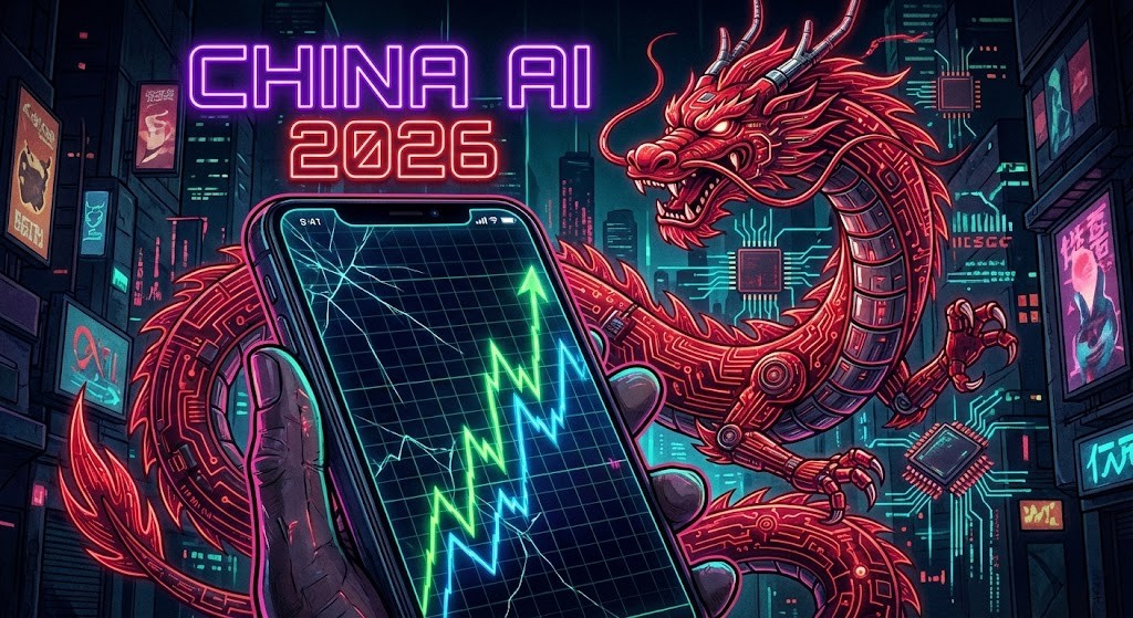 2026년 중국 AI 관련주 급등을 암시하는 사이버펑크 스타일의 스마트폰 주식 차트와 붉은 용 일러스트
