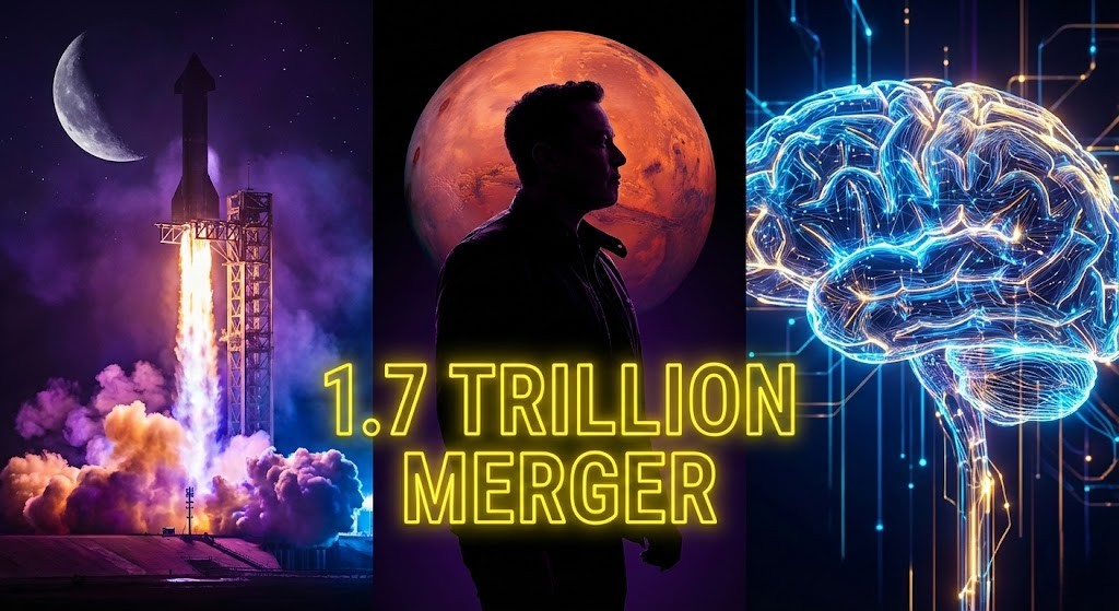 세 개의 패널로 구성된 미래지향적인 컨셉 이미지. 왼쪽 패널은 SpaceX Starship 로켓이 달을 배경으로 야간 발사하며 화염을 내뿜는 모습, 중앙 패널은 일론 머스크(Elon Musk)의 실루엣이 붉은 화성을 바라보는 모습, 오른쪽 패널은 파란색과 금색으로 빛나는 복잡한 디지털 AI 뇌 신경망 구조를 보여줍니다. 하단 중앙에는 '1.7 TRILLION MERGER'라는 노란색 네온 텍스트가 오버레이되어 우주 탐사 기업과 인공지능 기술의 대규모 합병을 시사합니다.