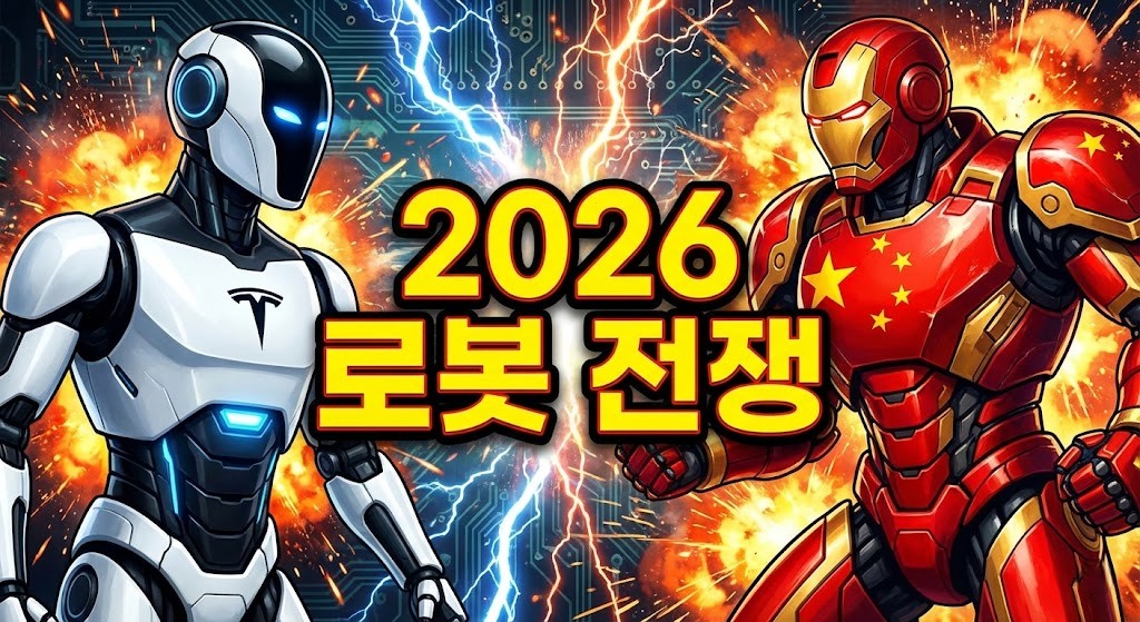 미국 테슬라 옵티머스와 중국 국기가 그려진 휴머노이드 로봇이 대결하는 구도로 2026년 글로벌 로봇 시장의 패권 경쟁을 상징하는 이미지
