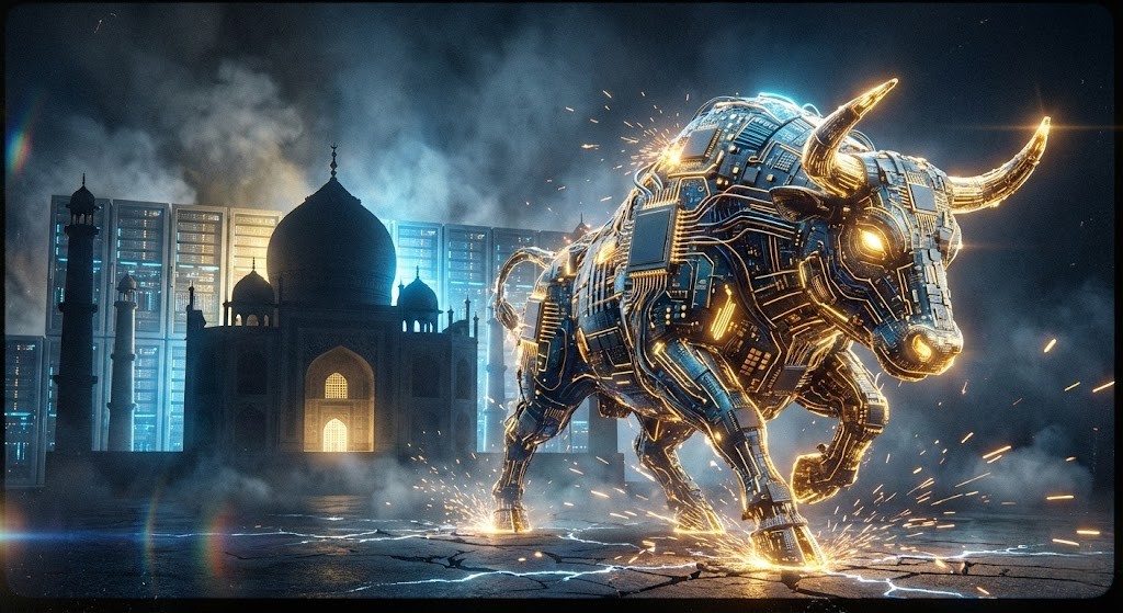 인도 AI 데이터센터 관련주 상승을 상징하는 황소와 타지마할, 서버 랙이 융합된 이미지