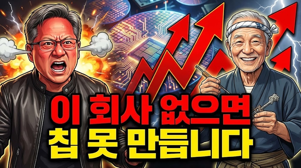 엔비디아 CEO 젠슨 황이 니토보의 T글라스 소재 부족으로 곤란해하는 반면, 일본 장인은 웃고 있는 유튜브 썸네일 이미지. '이 회사 없으면 칩 못 만듭니다'라는 문구와 함께 AI 반도체 필수 소재 기업 니토보의 주가 상승을 의미하는 붉은색 화살표가 배경에 있다.