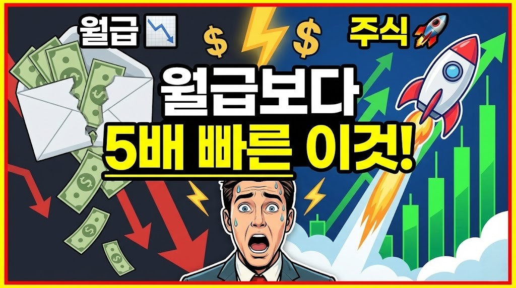 찢어진 월급봉투와 상승하는 로켓 그래프를 대비시키며 '월급보다 5배 빠른 이것'이라는 문구와 당황한 직장인이 포함된 썸네일.