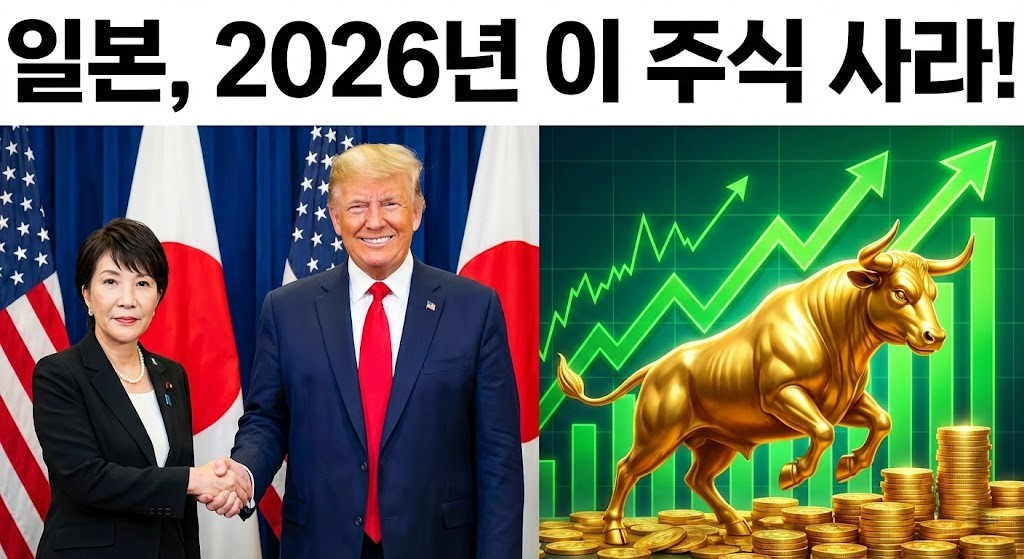 2026년 일본 총선에서 압승한 다카이치 사나에 총리와 트럼프 미국 대통령이 악수하는 모습, 배경에는 일본 증시 상승을 상징하는 붉은색 상승 화살표와 황소(bull) 그래픽이 있는 유튜브 썸네일 이미지.
