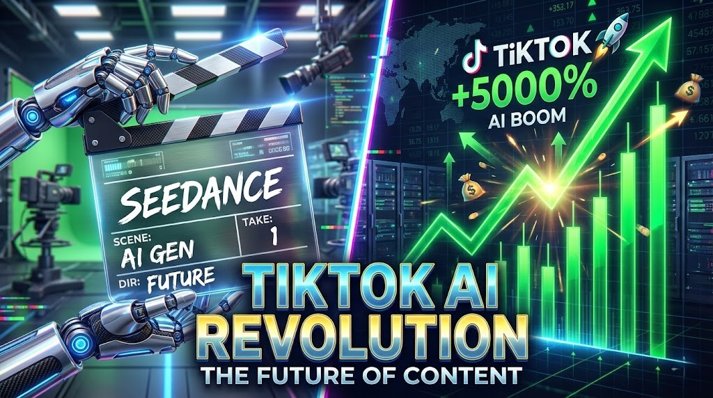 Seedance(시던스) AI의 등장을 알리는 로봇 손과 틱톡 영상 혁명으로 급등하는 주식 차트가 그려진 유튜브 스타일 썸네일 이미지