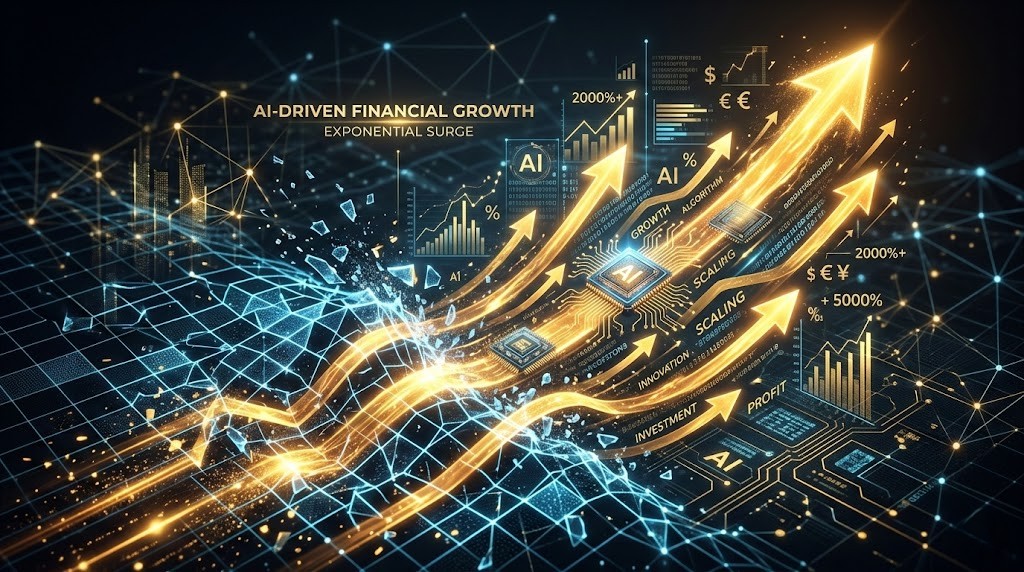 AI 관련주와 빅테크 기업들의 인건비 절감을 통한 폭발적인 이익 성장을 표현한 추상적인 그래픽 차트
