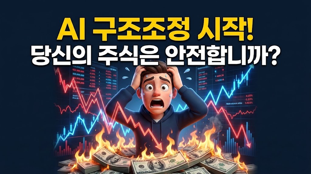 블록 해고 사태로 요동치는 미국 AI 관련주와 나스닥 시장의 충격을 표현한 이미지