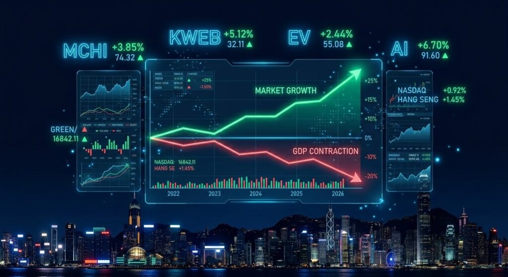 중국 경제성장률 둔화 속 ETF·관련주 투자 전략을 분석하는 차트