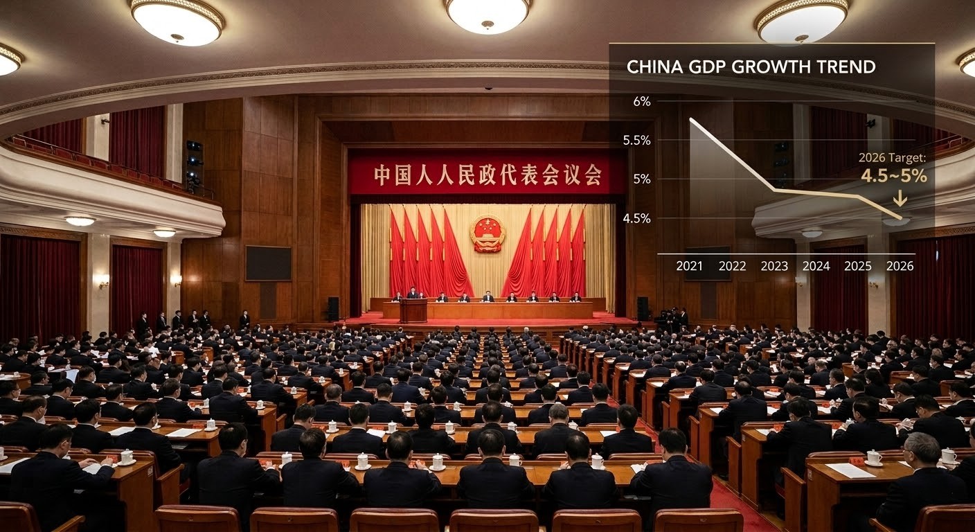 중국 전인대 정부업무보고에서 GDP 성장 목표를 발표하는 장면