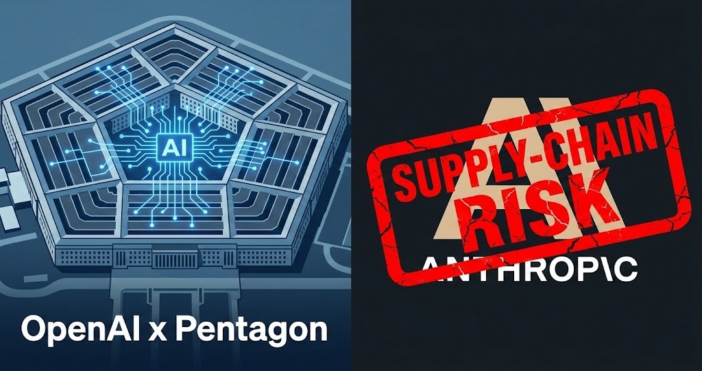 OpenAI 국방부 계약과 Anthropic 공급망 리스크 지정 비교 인포그래픽