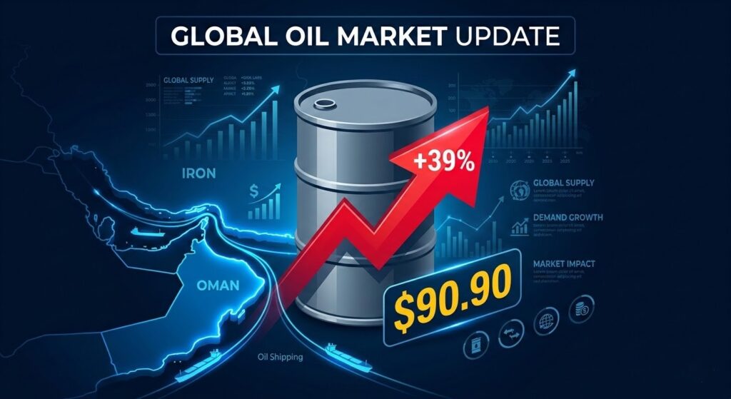 WTI 유가 급등 39% 배럴당 90달러 돌파와 호르무즈 해협 위기 인포그래픽