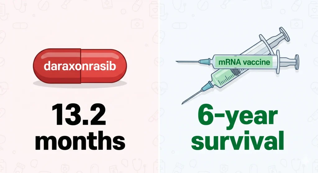 다라소나십 알약과 mRNA 백신 췌장암 신약 비교 일러스트