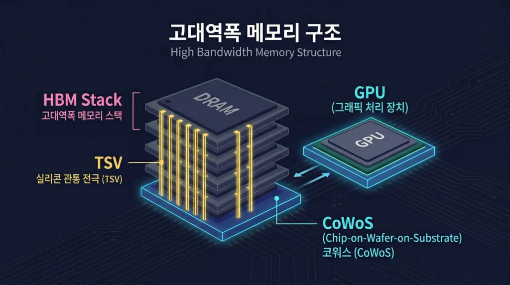 HBM 고대역폭 메모리 TSV 적층 구조와 CoWoS 패키징 설명 다이어그램