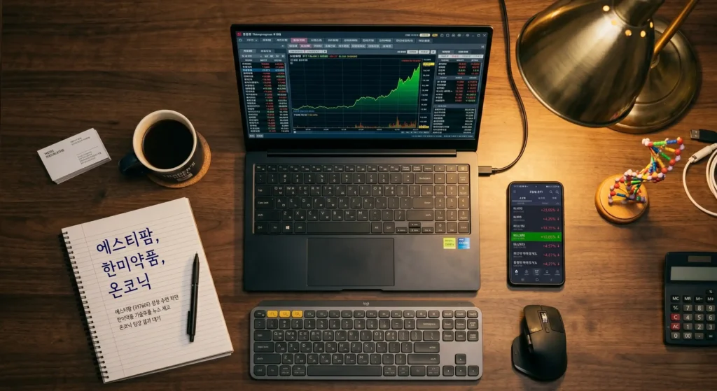 한국 투자자 책상 위 췌장암 신약 관련주 분석 이미지