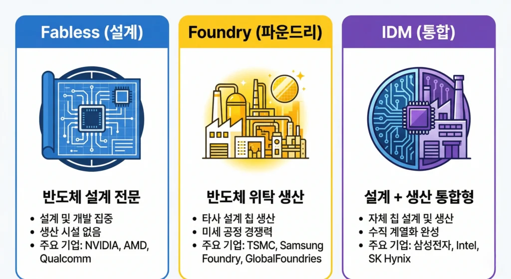 반도체 산업 구조 팹리스 파운드리 IDM 비교 인포그래픽