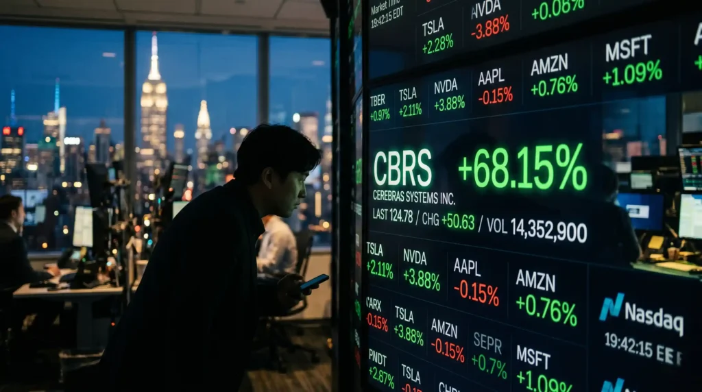 세레브라스 IPO 첫날 나스닥 거래 화면 CBRS 티커