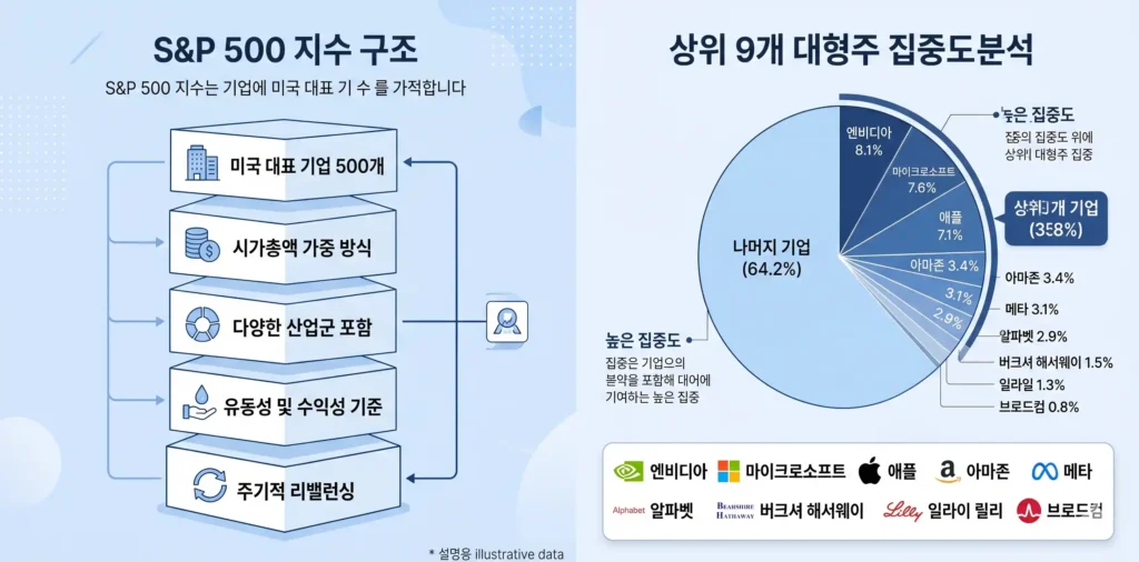 S&P500 지수 시가총액 상위 9개 기업 비중 35.8% 인포그래픽